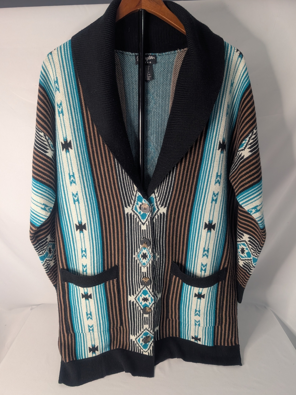 Wrangler Retro Teal, Brown & Black Southwestern Shawl Collar Cardigan Women's L